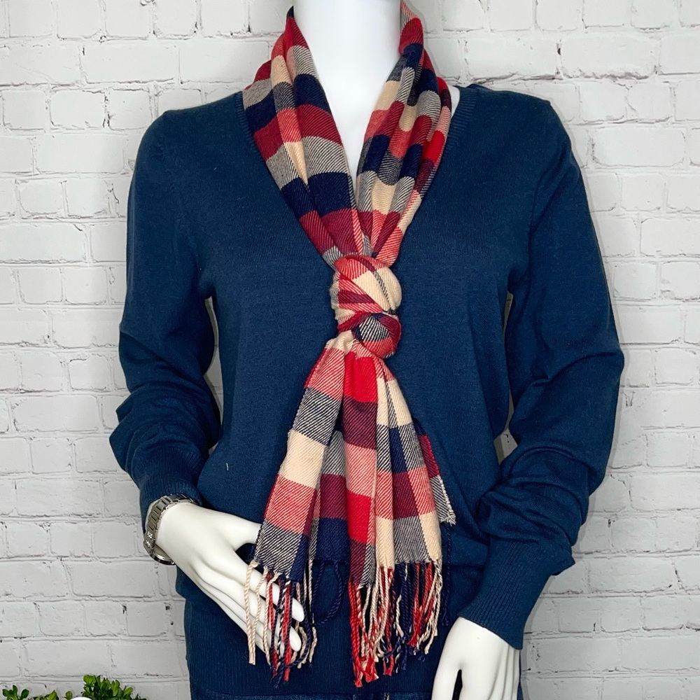 Navy Blue, Red & Khaki Plaid Scarf